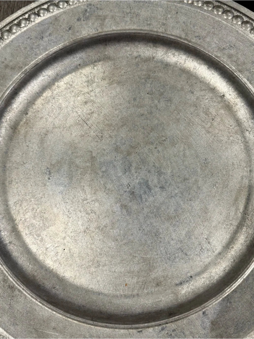 Set of 3 Pottery Barn Beaded Silver Gilt Charger Plates Pewter-Look